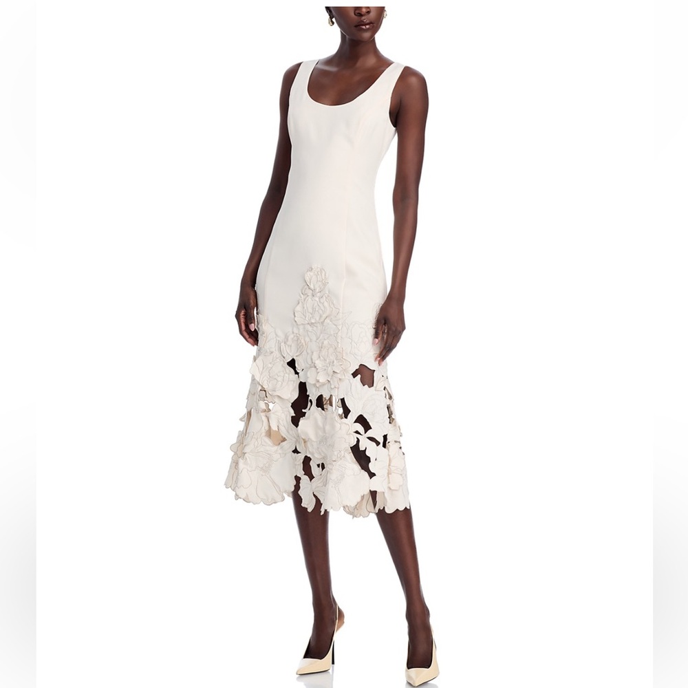 LEO LIN Emily Appliqué Midi Dress Vanilla Size 8 NWT Floral Lace Sleeveless